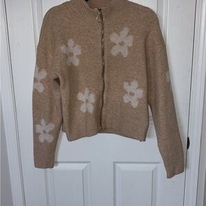 Floral Zip-Front Turtleneck Sweater